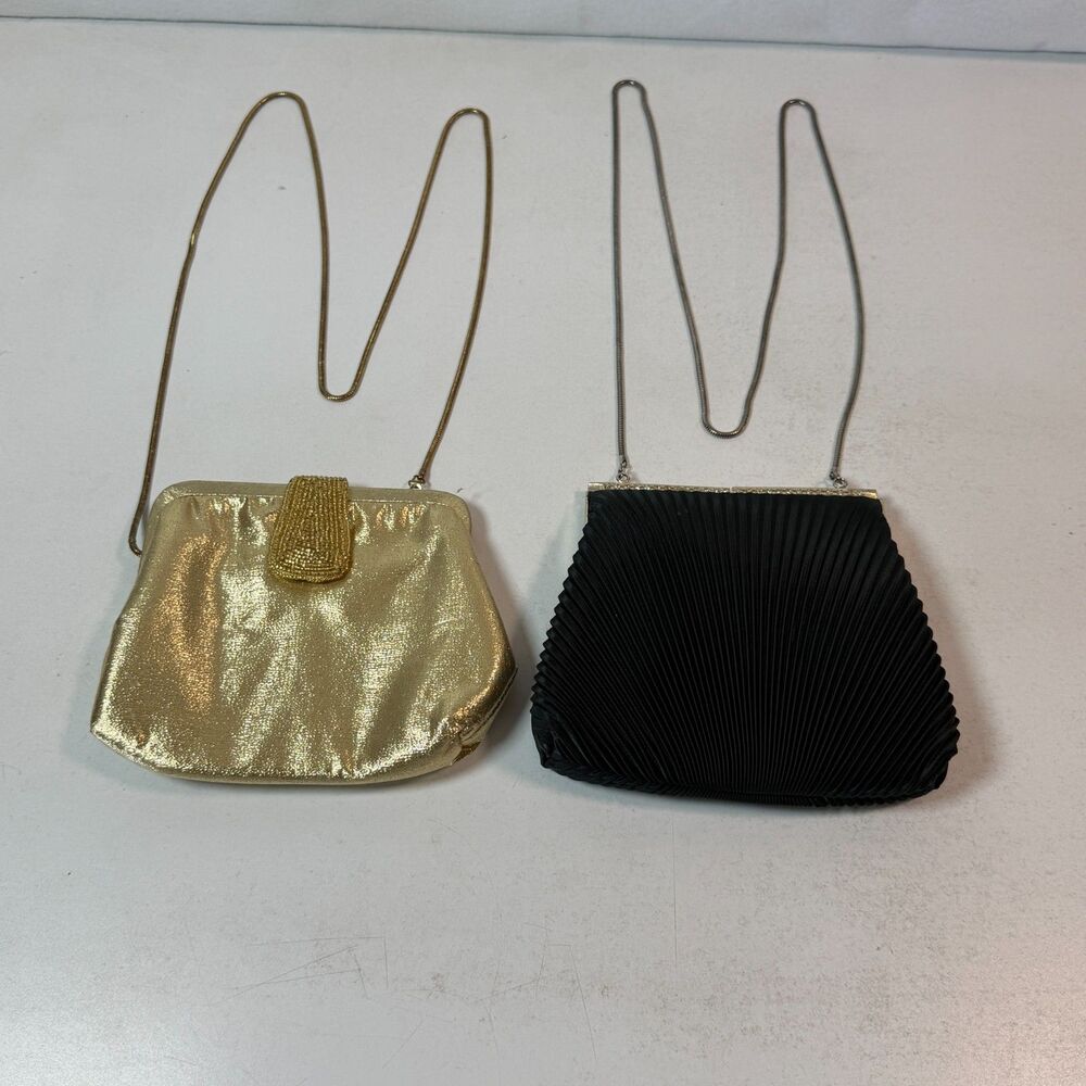 La Regale Vintage Clutch Lot 2 Gold Black Satin Evening Bags Chain Strap